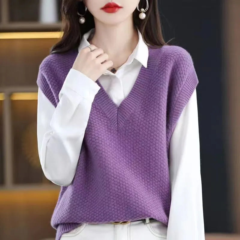 Women's knitted V-neck pullover vest with 3D pattern in six colour options