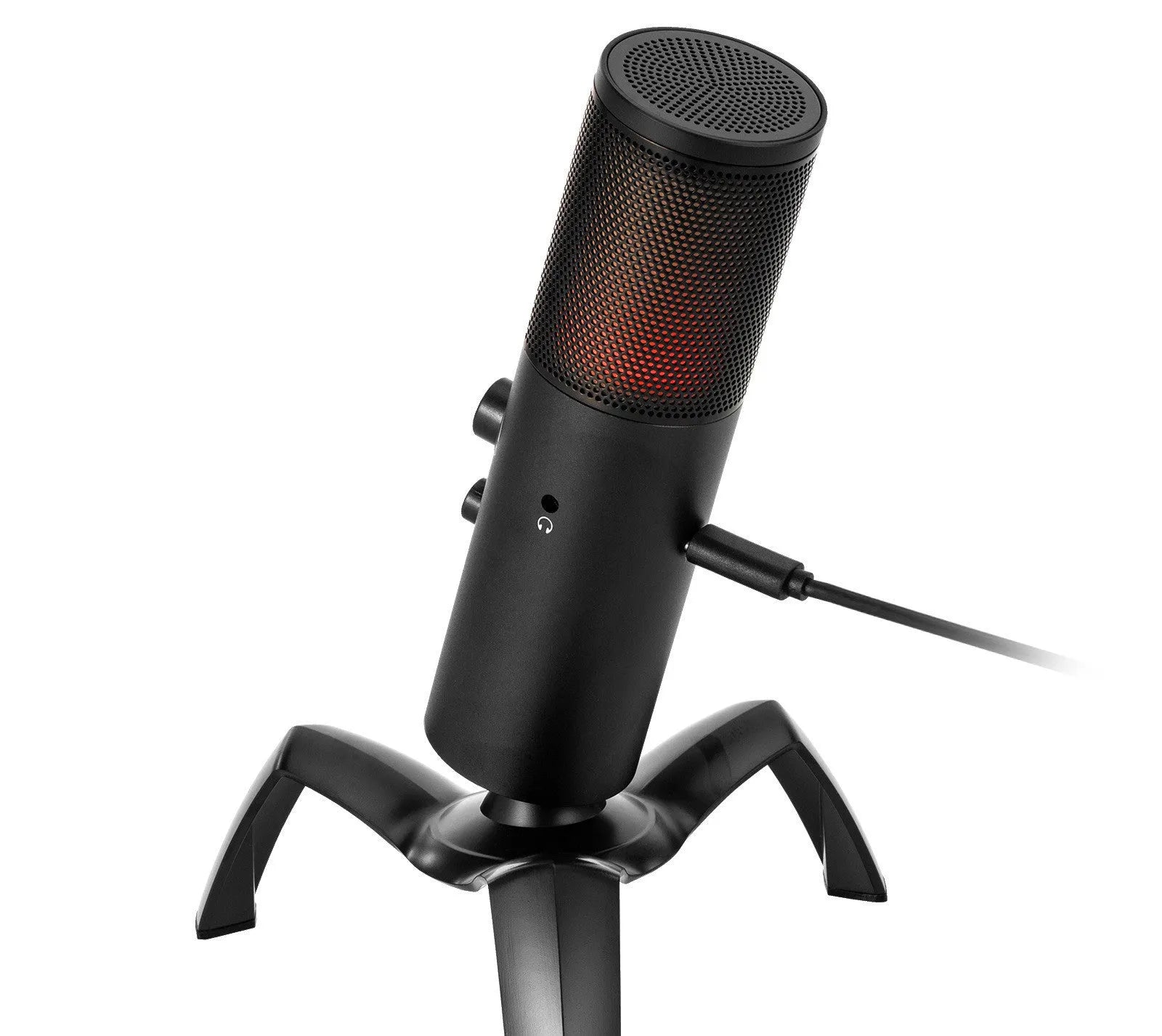 Black USB condenser microphone with RGB lighting on adjustable metal tripod