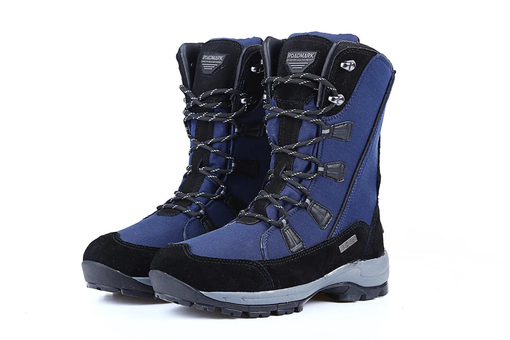 Women's black genuine leather mid-calf snow boots with round toe and rubber sole