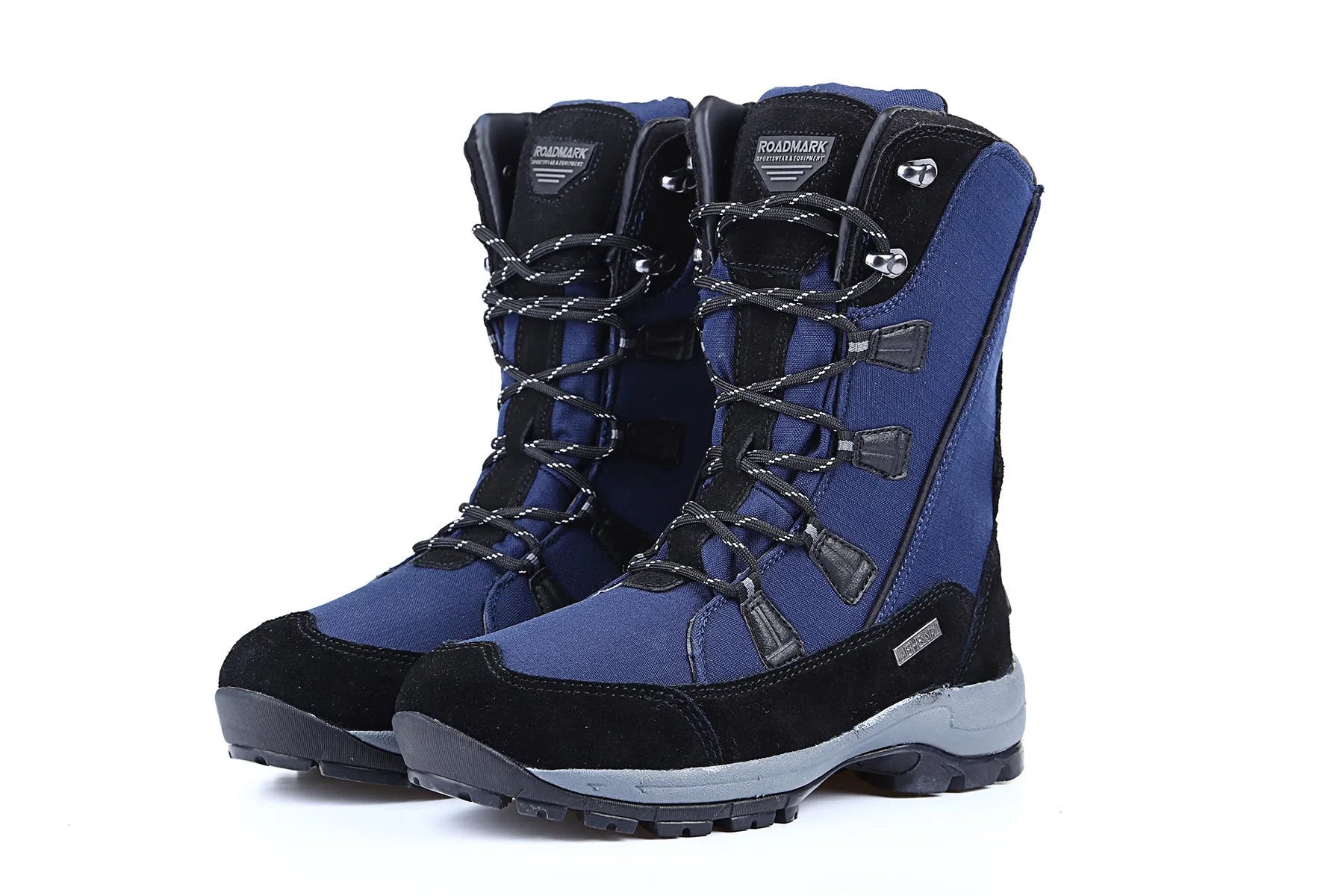 Women's black genuine leather mid-calf snow boots with round toe and rubber sole