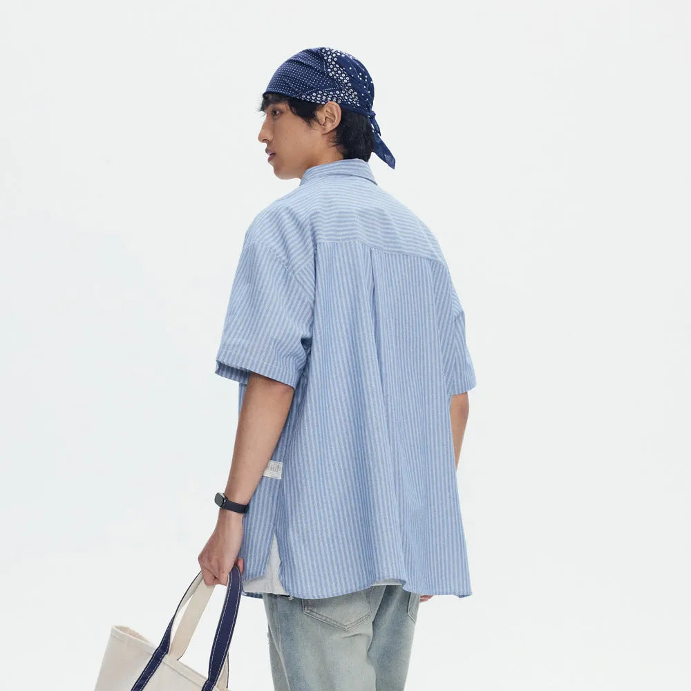 Blue striped overalls short-sleeved shirt for men and women cotton blend cardigan style loose fit