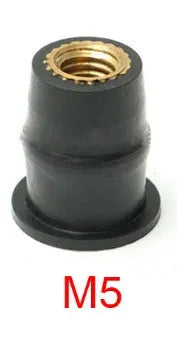 Black rubber motorcycle well nut fasteners with brass threads in M4, M5, and M6 sizes, 10 piece kit.