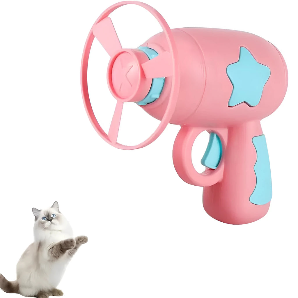 Blue or pink plastic cat toy gun launcher with two coloured frisbees for indoor play.