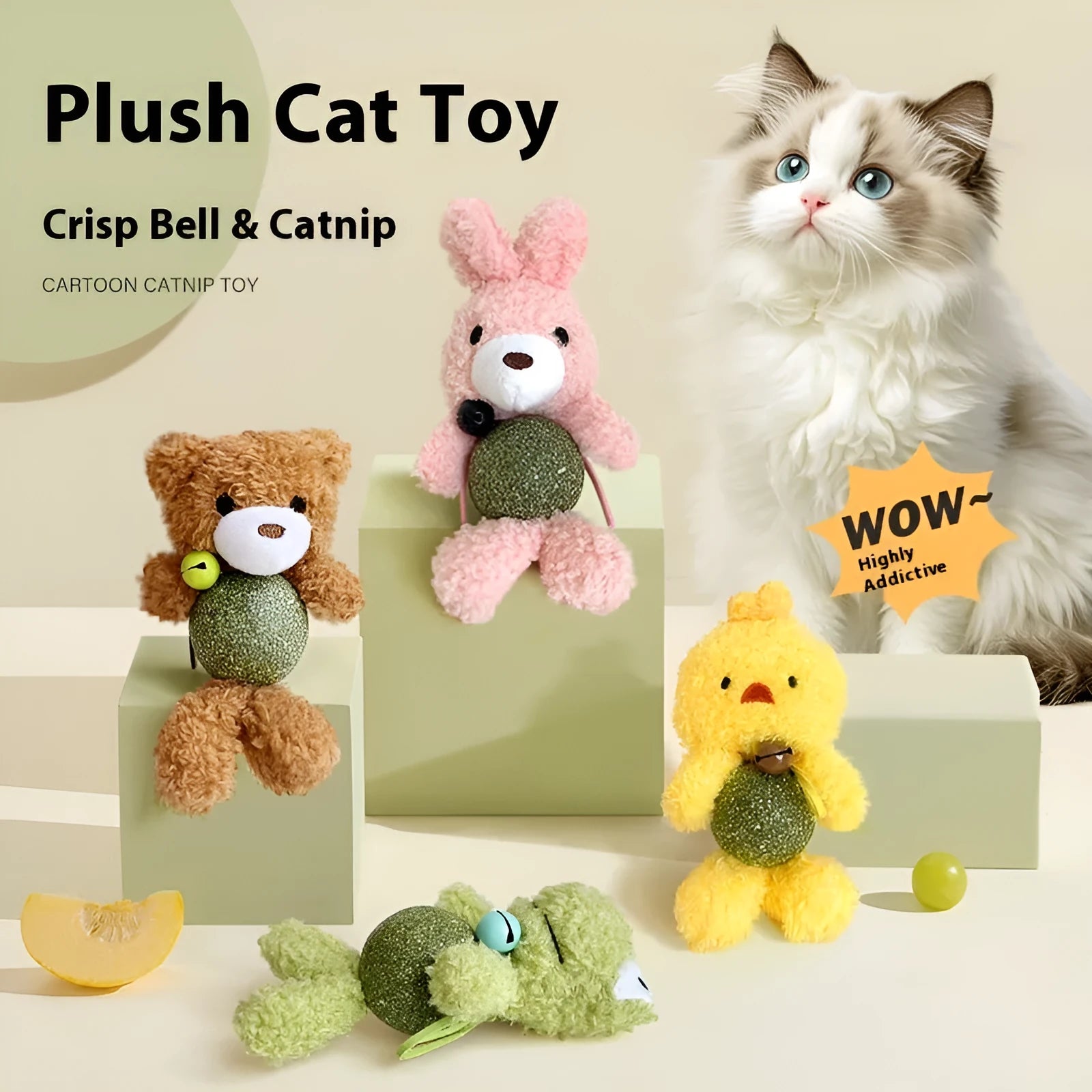 Plush cat toy with catnip ball and bell in animal designs for feline dental relief and play