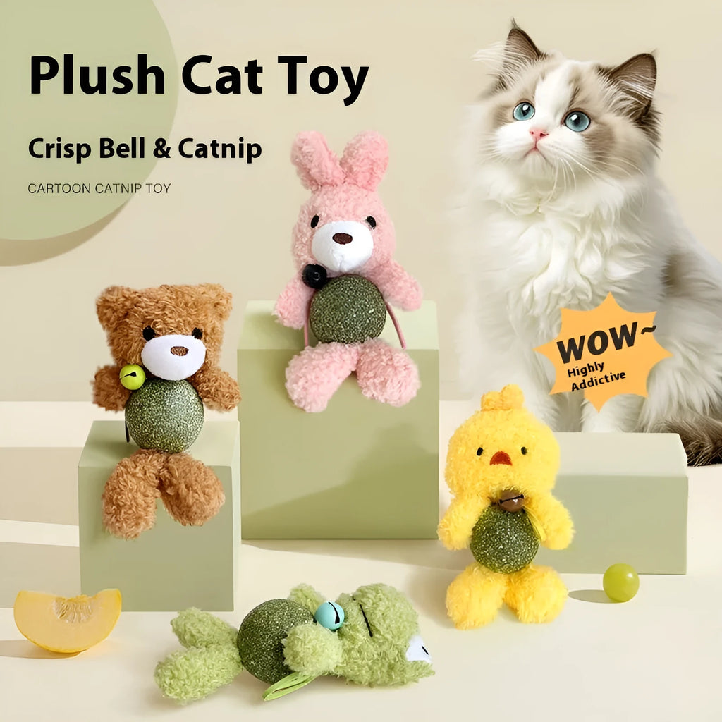 Brown Bear plush catnip toy with bell for feline biting and self-play entertainment