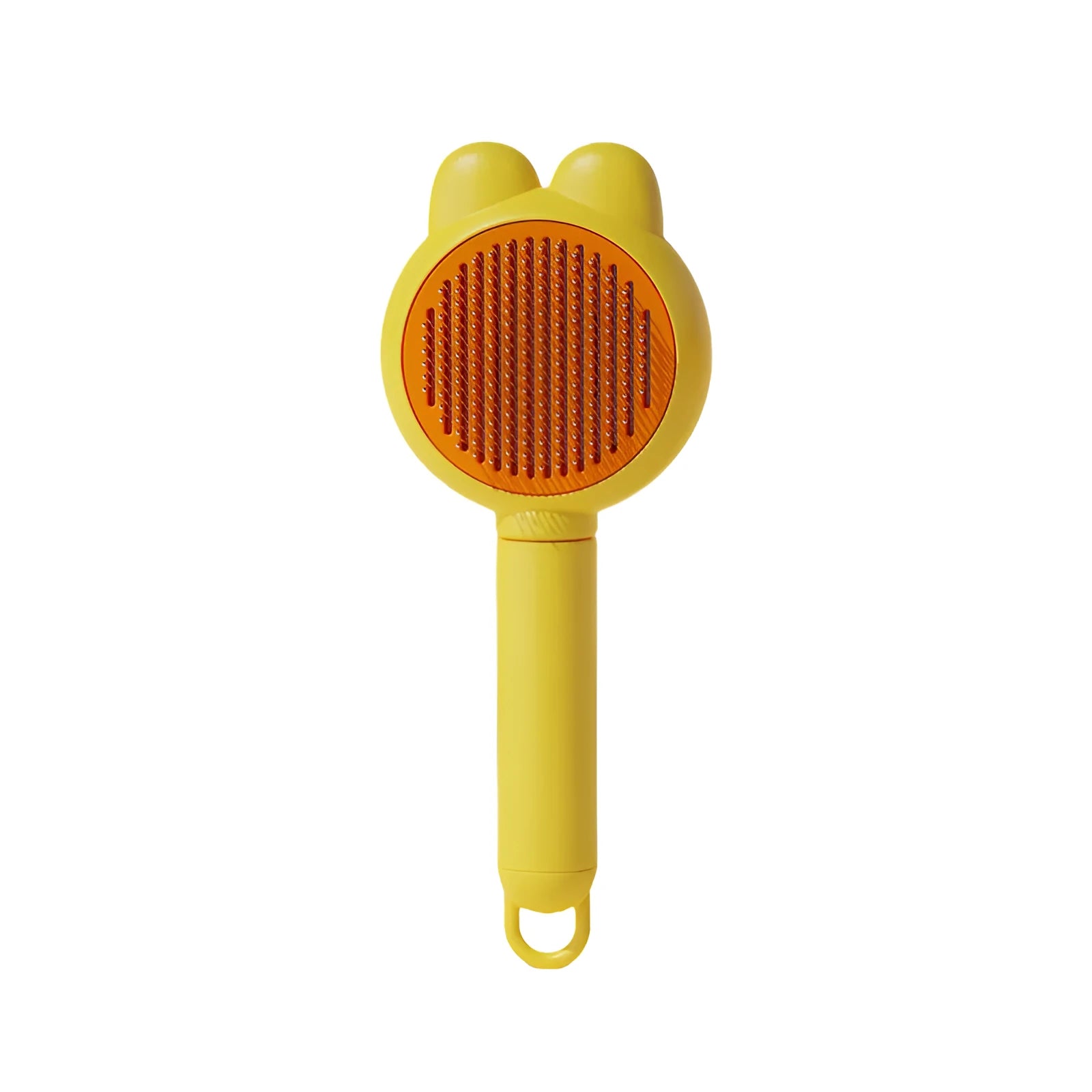 Self-cleaning pet brush with release button, stainless steel comb with rubber-tipped needles