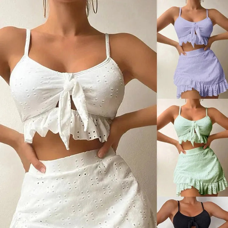Women's split hip skirt three-piece bikini set in solid colour polyester, available in multiple shades including black and white