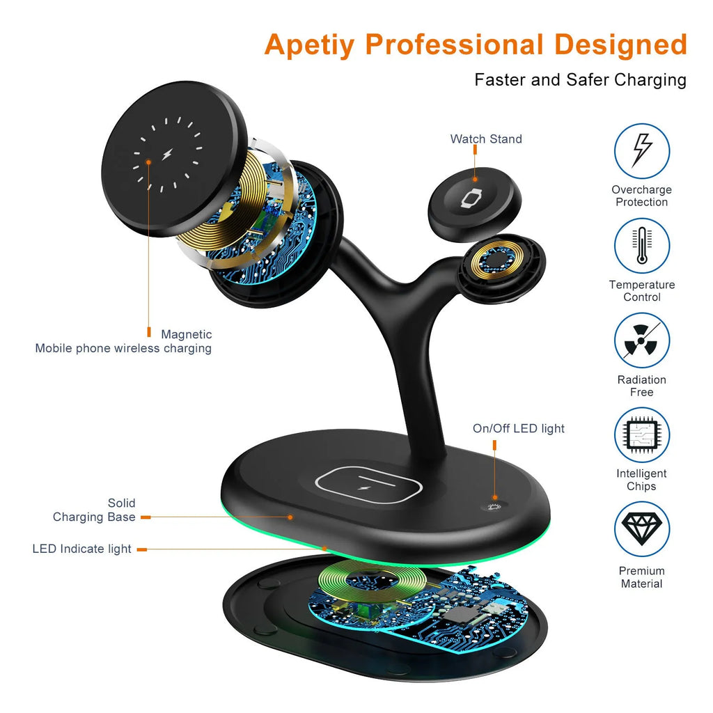 Black magnetic wireless charger with three-in-one function on a simple background.