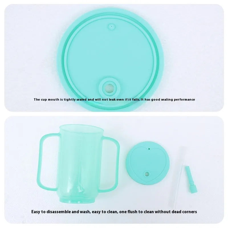 Oblique mouth choke-proof drinking cup for bed-bound adults with optional wrist splint attachment