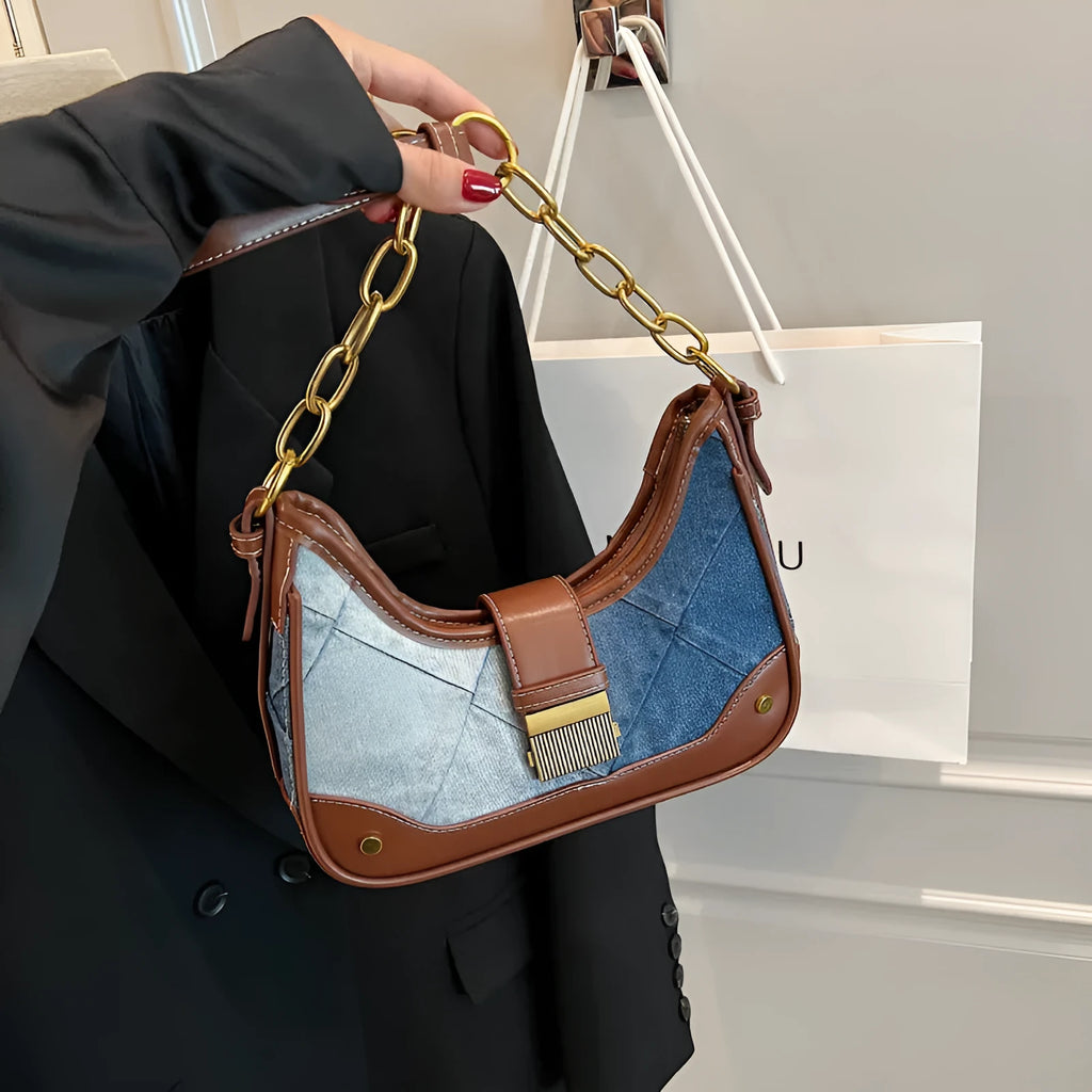 Brown denim women's shoulder bag with diamond chain design and phone compartment