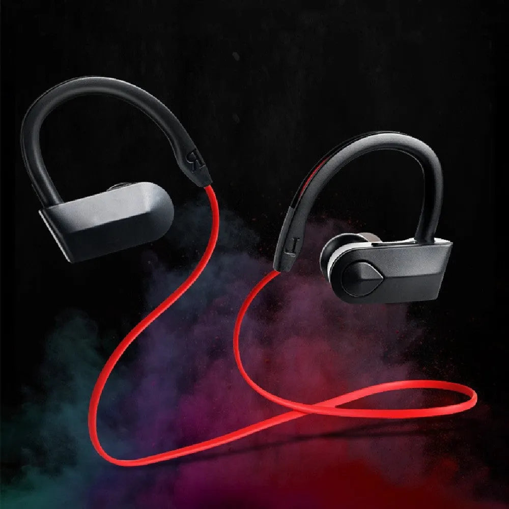 Wireless neck mounted Bluetooth earphones in black colour showing neckband design and earpieces