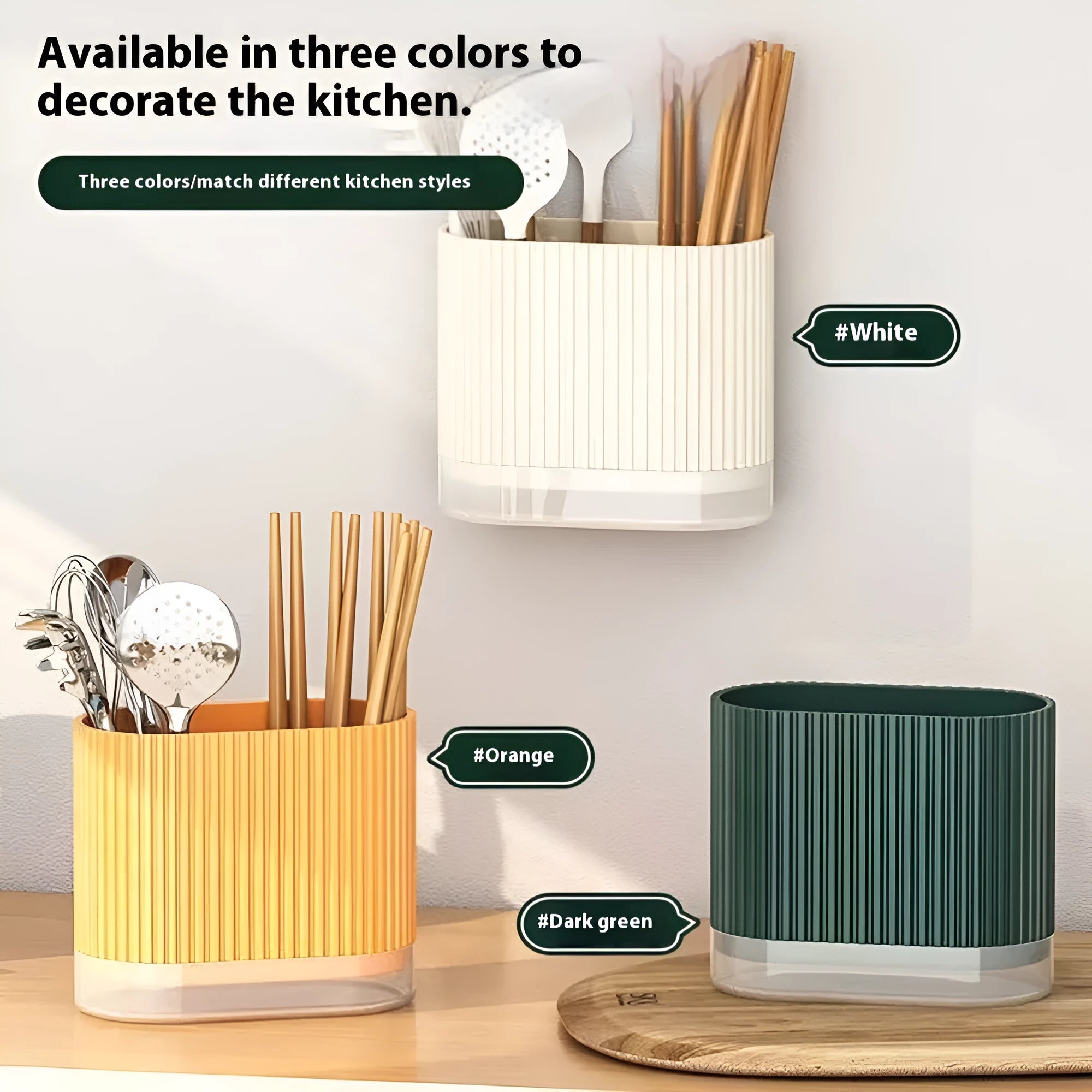 Plastic wall-mounted chopstick holder in beige with drainage holes, containing chopsticks and spoon