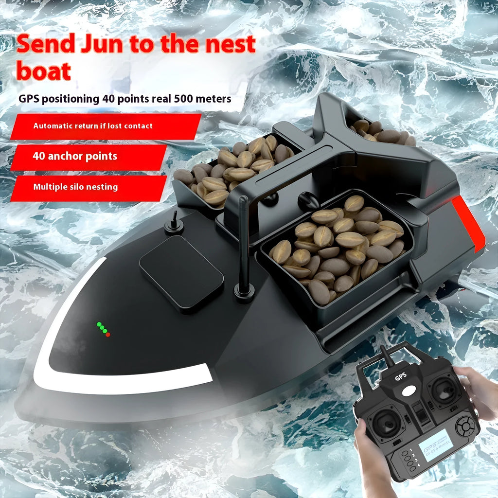Black remote control GPS fishing boat with LED light on deck, shown with remote control.
