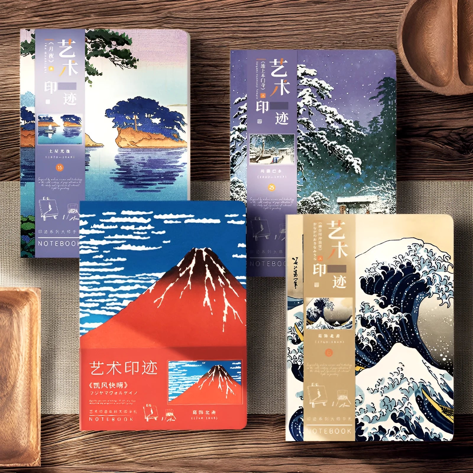 Ukiyo-e series hand ledger notebook with Kanagawa surfing village cover, 13.2 x 18.3 cm, open to show 100g Daolin paper.