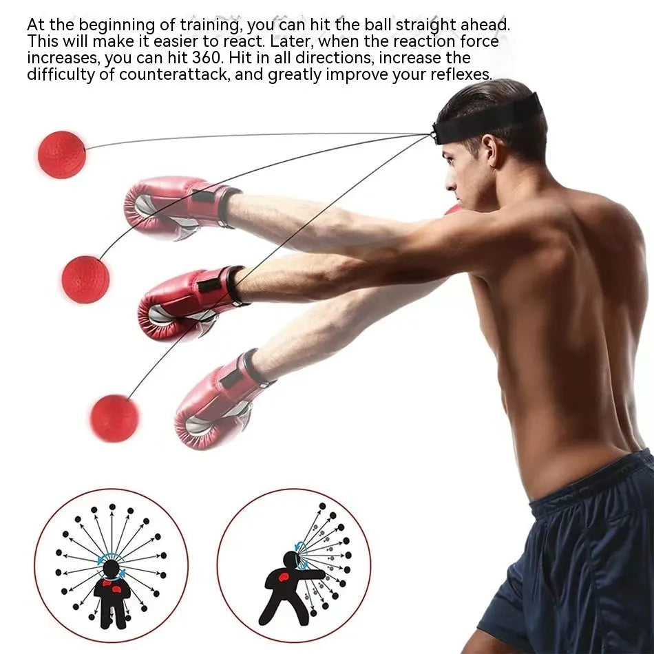 Head-mounted boxing reaction training ball set with adjustable headbands and multiple coloured balls including red PU, black PU, and fluorescent green.