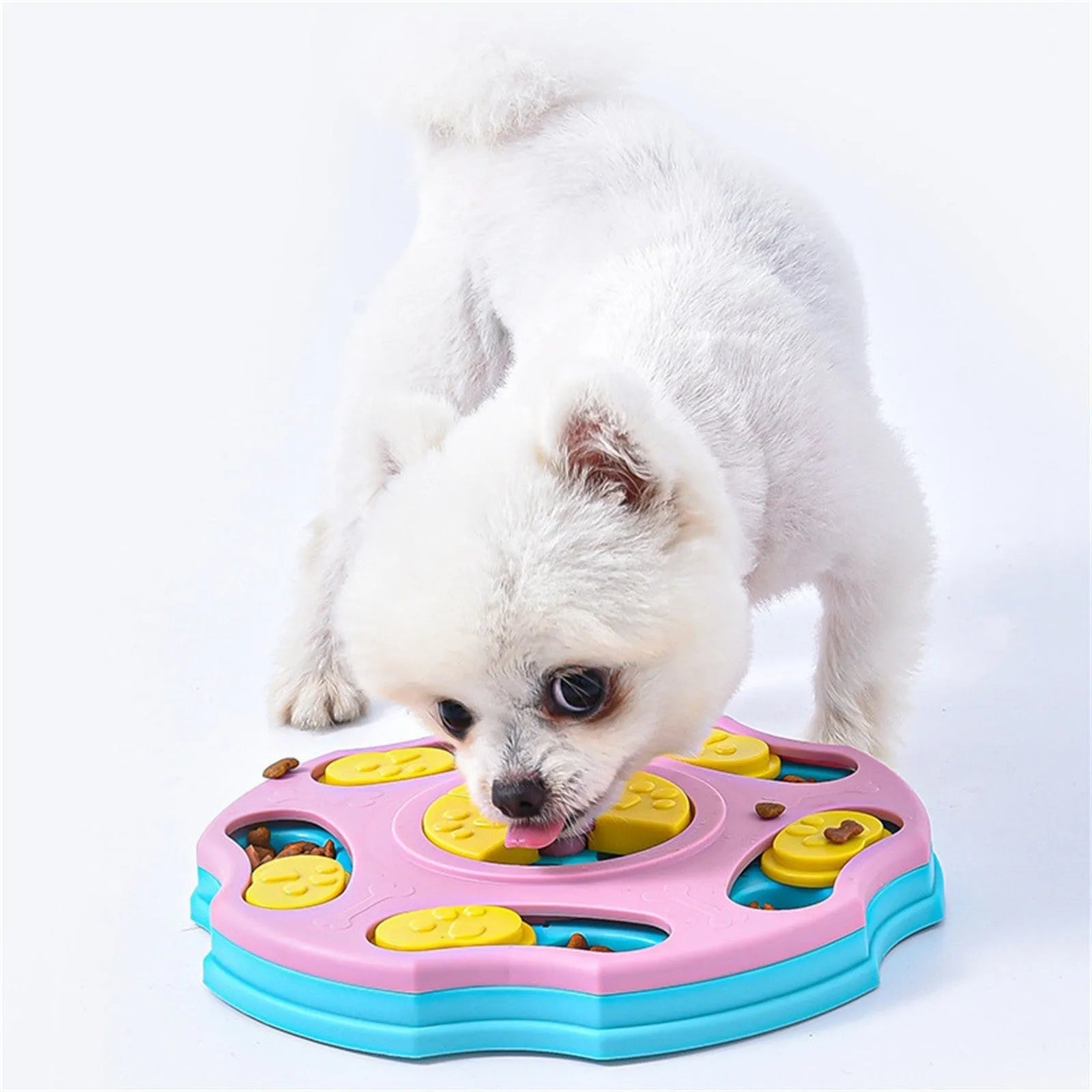 Blue and pink dog puzzle feeder bowl toy for interactive food searching and slow eating