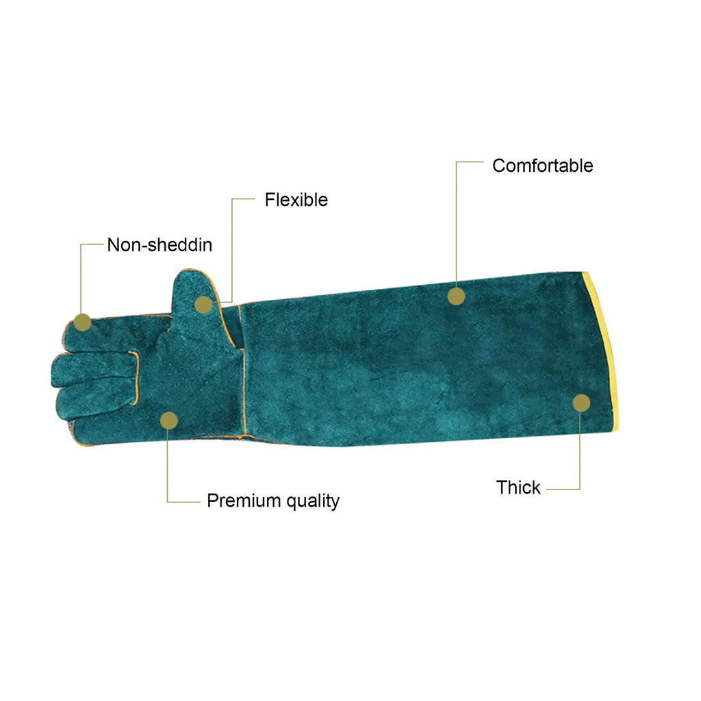 Pair of dark green multi-function anti-bite safety gloves with extended cuffs made from thickened cowhide leather for pet handling.