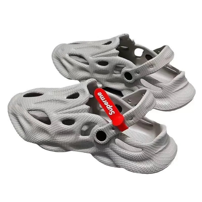 Korean-style grey EVA foam closed-toe slippers with a frosted texture and thickening sole.