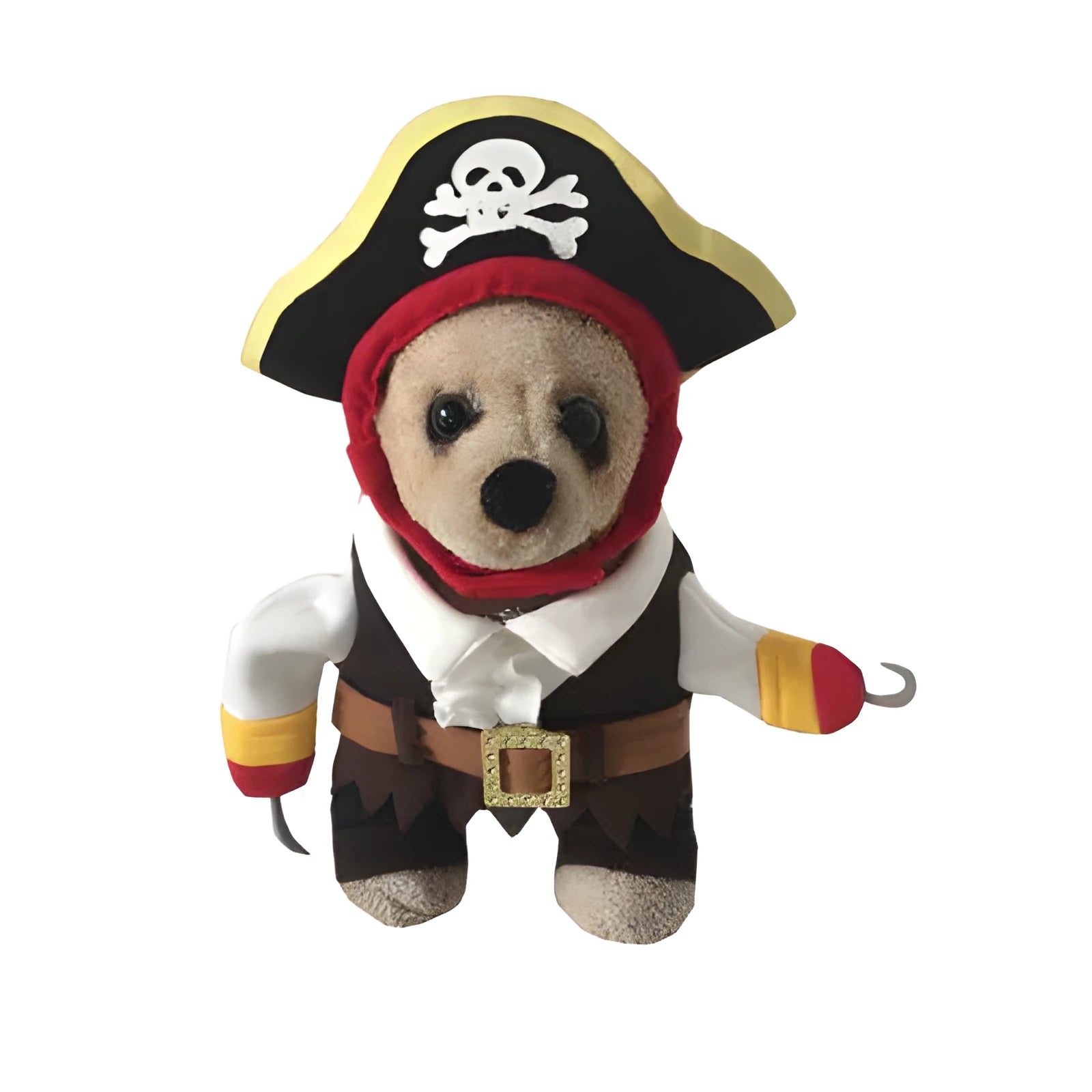Black pirate dog costume made from cotton, available in sizes XS to XL for Halloween dress up.