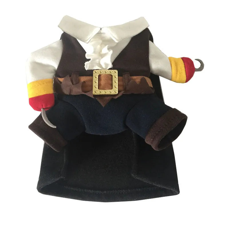 Black pirate dog costume made from cotton, available in sizes XS to XL for Halloween dress up.