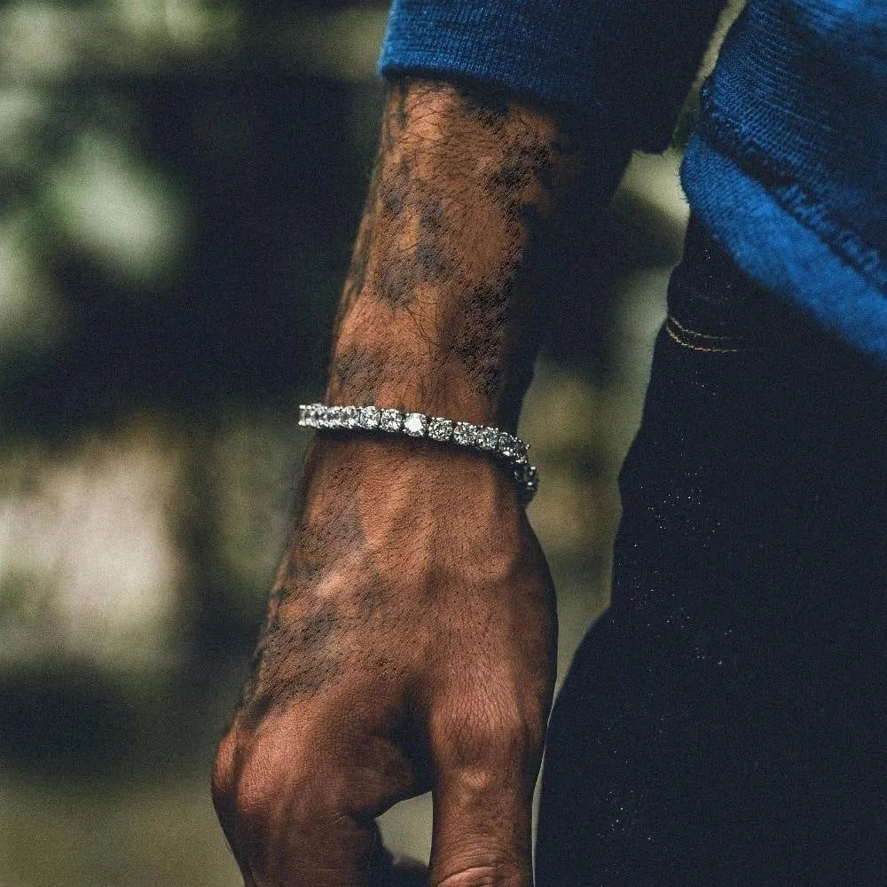 Men's hip hop bracelet with geometric chain links and single row of iced out rhinestones in alloy with zirconia stones