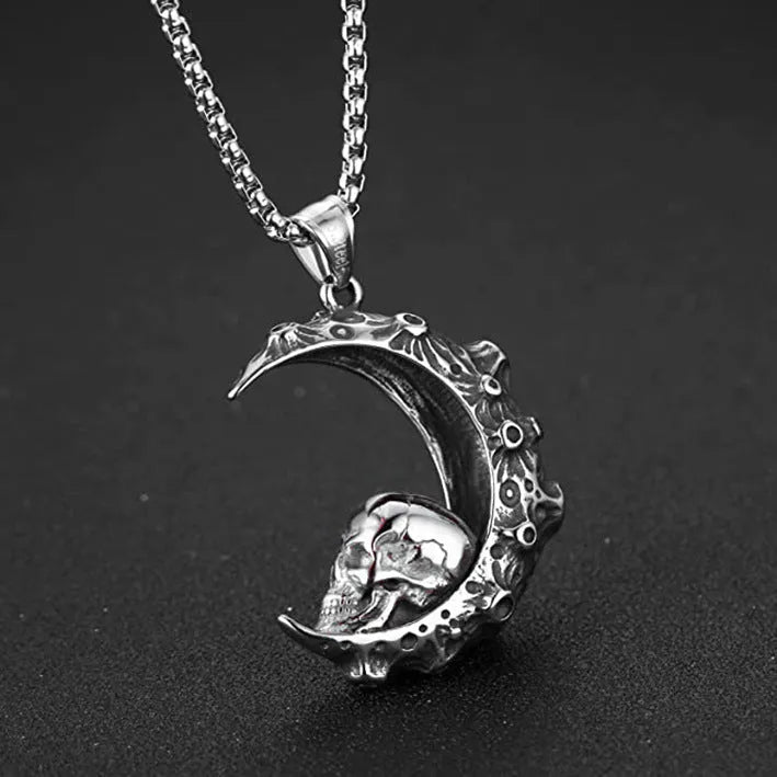 Men's silver stainless steel necklace with alloy pendant showing six design options including skull, dagger, and Hot Wheels