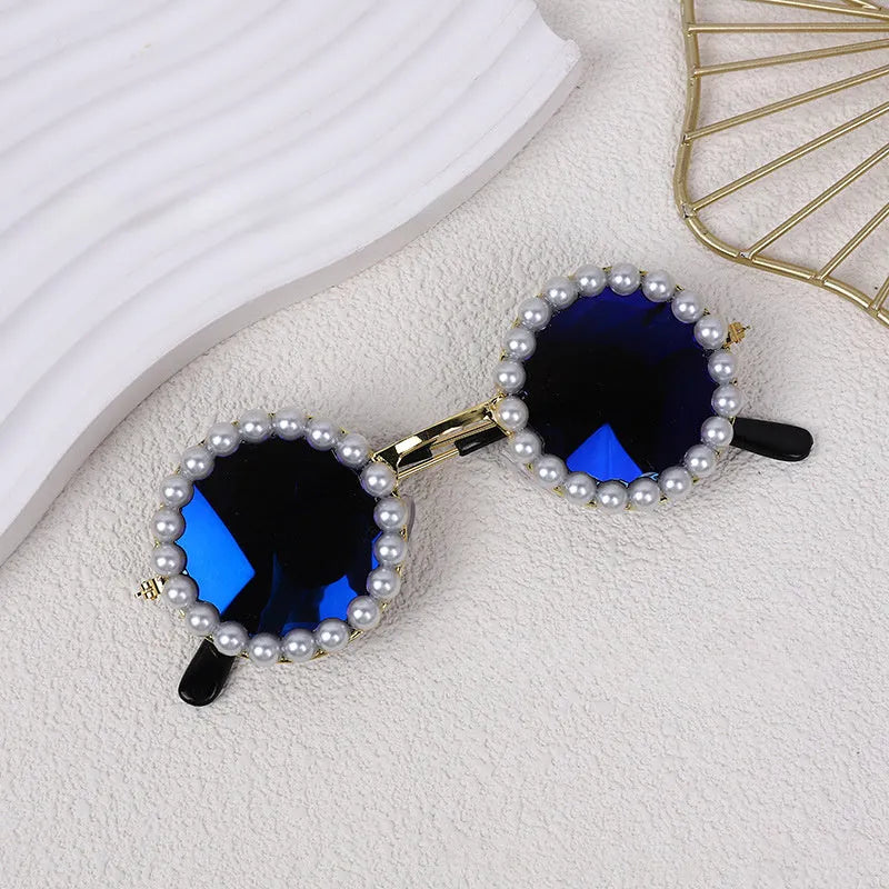 Cat and dog pearl-rimmed round sunglasses in multiple colours for pet party dress-up