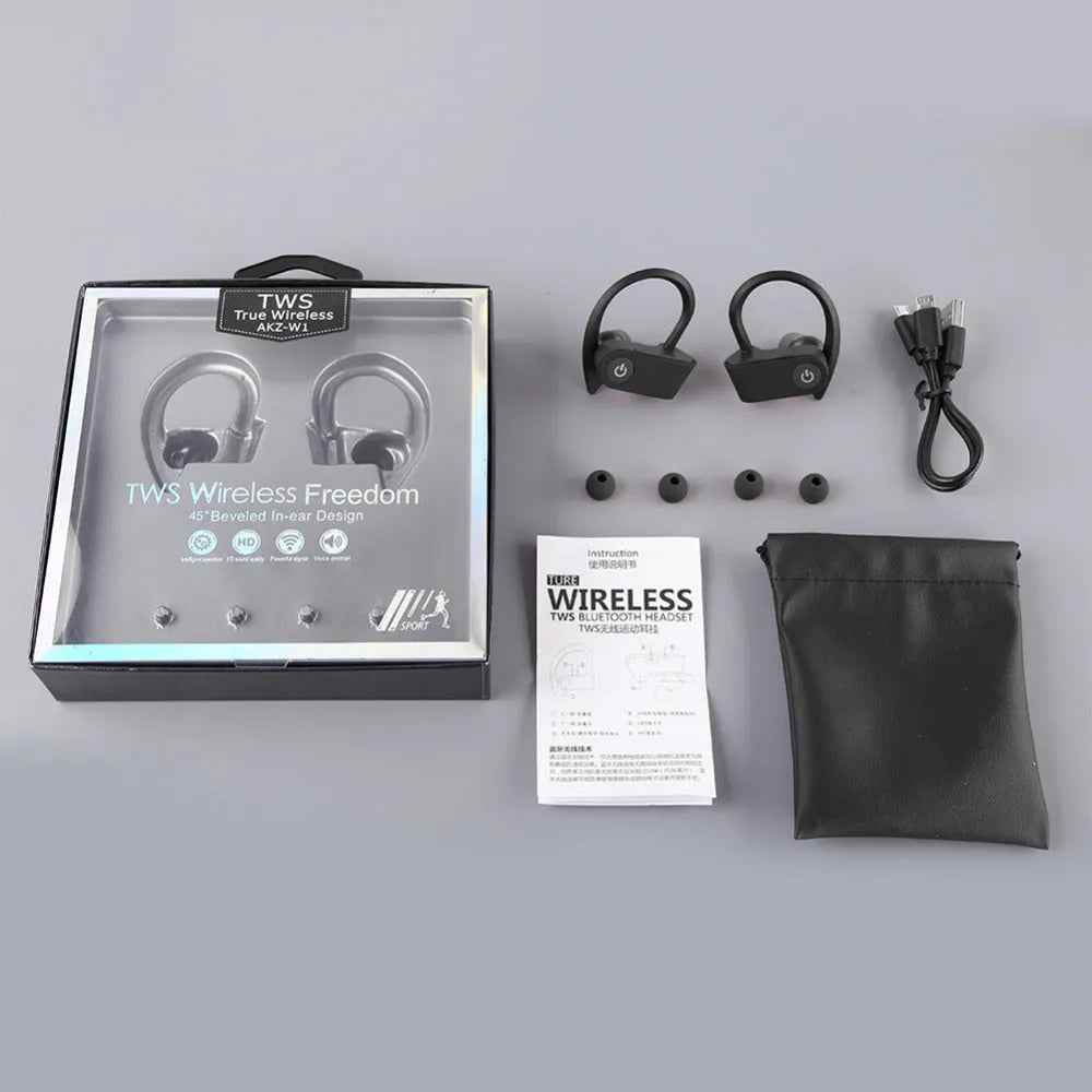 Black wireless Bluetooth earphones with ergonomic design shown on a grey background.