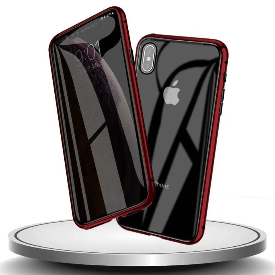 Glass anti-spy mobile phone case for iPhone with clamshell design and geometric pattern in multiple colours.