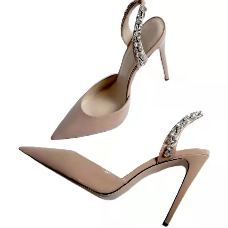 Women's pointed toe high heel sandals with rhinestone side detailing in patent leather