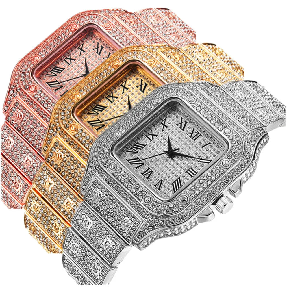 Gold, rose gold, or silver Roman numeral square dial quartz watch with black mesh band, bracelet, and necklace set.