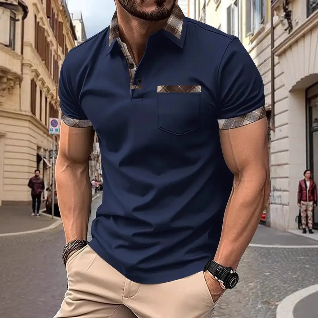 Men's loose fit plaid colourblock t-shirt with decorative zipper elements on short sleeves