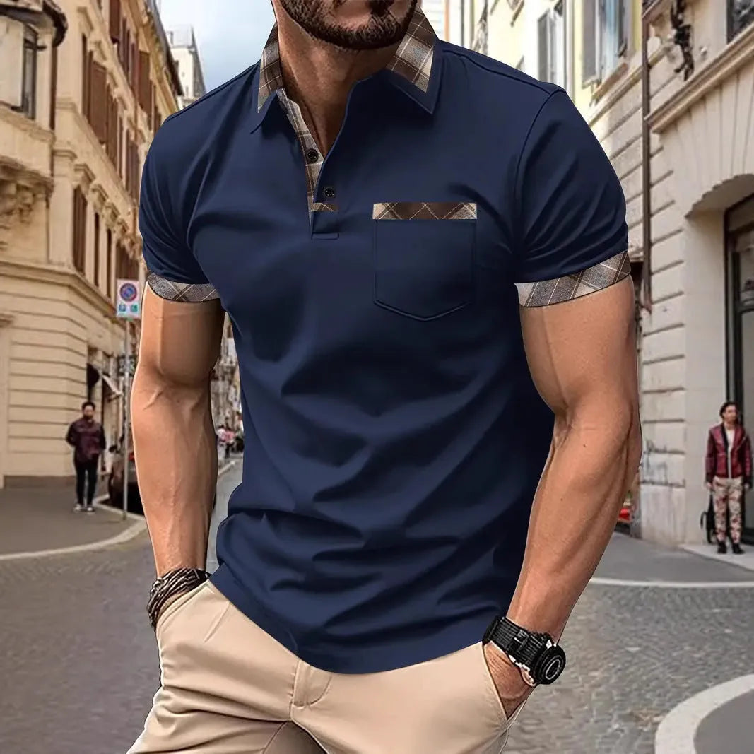 Men's loose fit plaid colourblock t-shirt with decorative zipper elements on short sleeves