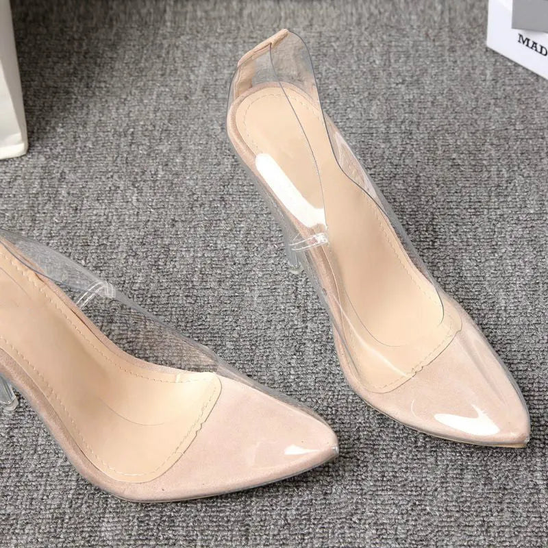 Women's transparent suede pointed stiletto pumps low-cut shallow mouth height increasing shoes apricot colour