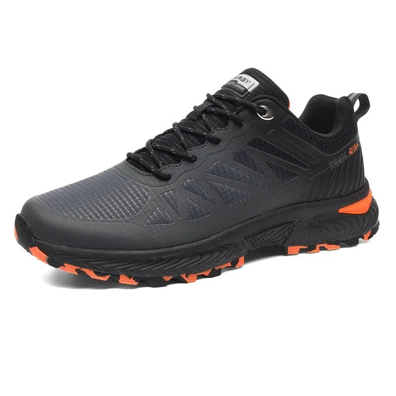 Men's black breathable mesh running shoes with round toe and flat rubber sole on a white background.