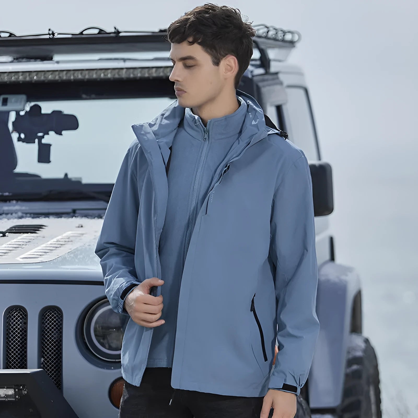 Men's fluorescent coloured waterproof mountaineering suit with removable jacket and polar fleece lining