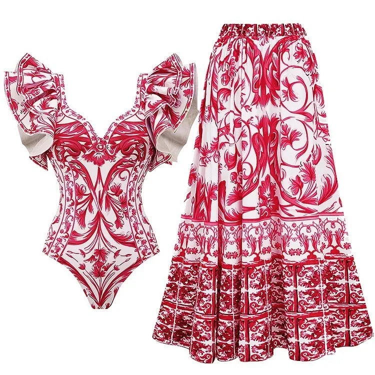 Women's printed one-piece swimsuit in polyester, showing floral and striped pattern options.