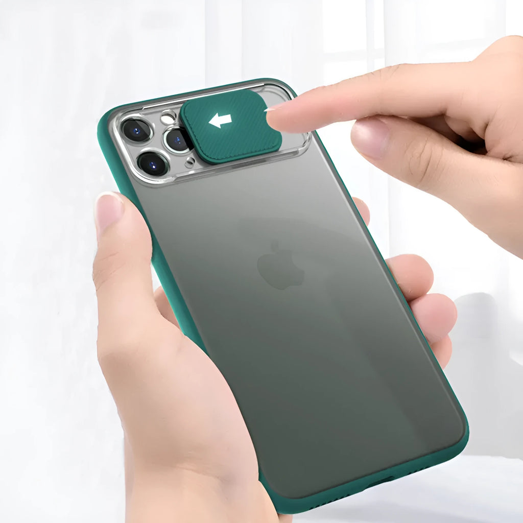 Lens sliding phone case in PC+TPU for iPhone 11 Pro Max with sliding lens cover in green colour contrast style