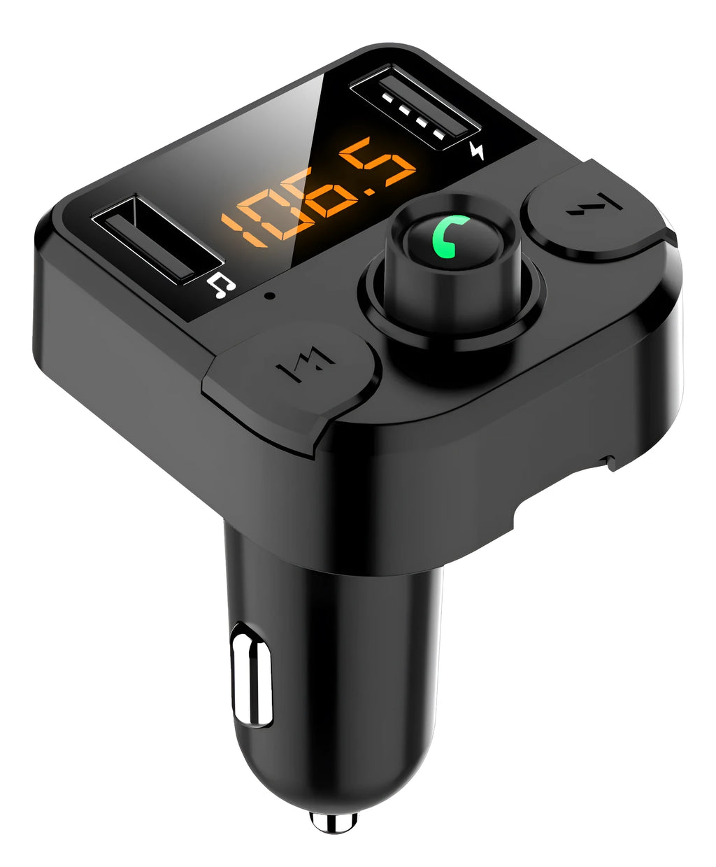 Black BT36B car MP3 Bluetooth player with 1.1-inch screen plugged into a car cigarette lighter socket.