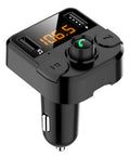 Black BT36B car MP3 Bluetooth player with 1.1-inch screen plugged into a car cigarette lighter socket.