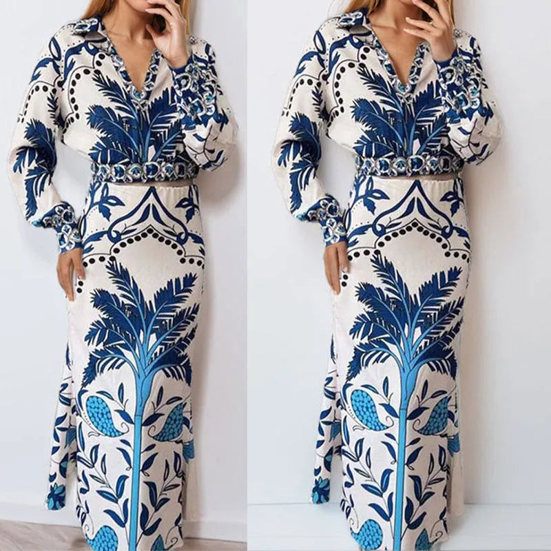 Women's early spring floral print two-piece co-ord set with long sleeve top and matching long skirt