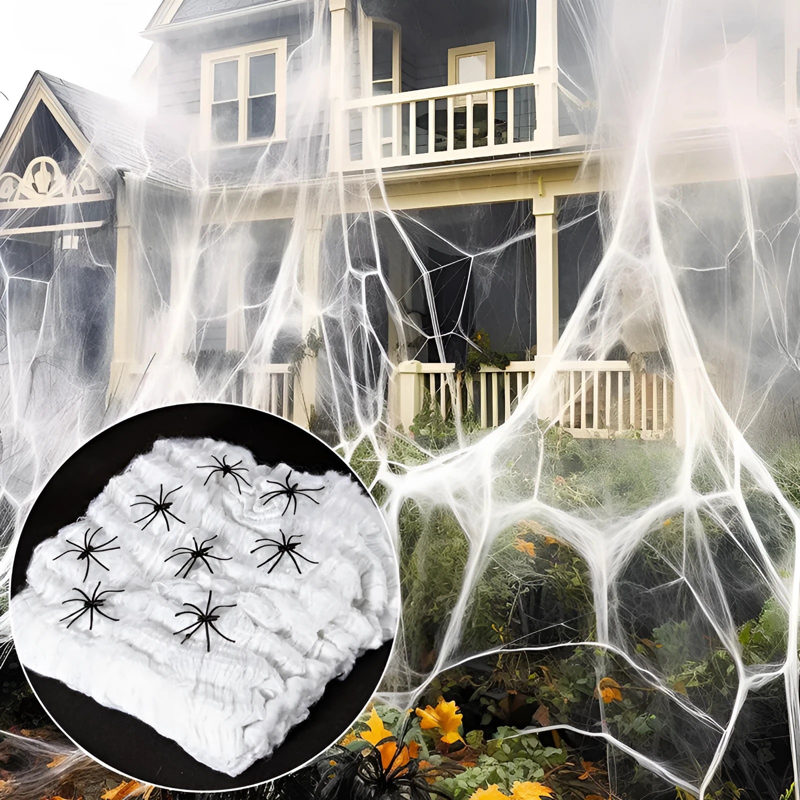 White cotton spider web Halloween decorations with spiders on dark background