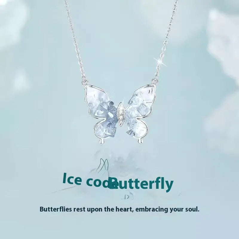 Bingyu butterfly women's necklace with S925 silver chain and electroplated pendant on white background