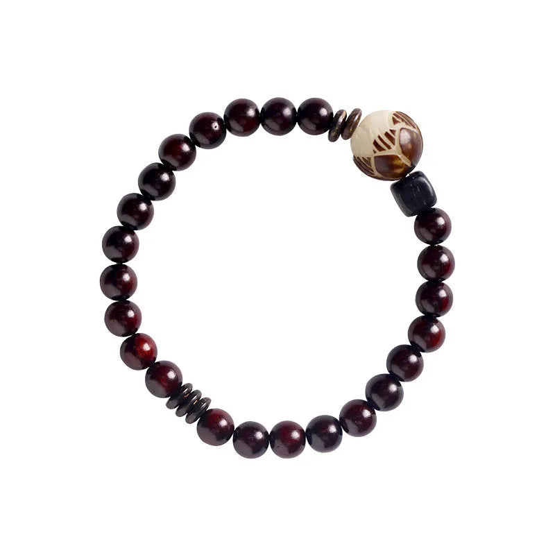 Natural rosewood bracelet with double-ring design, retro floral beads, 10mm, unisex