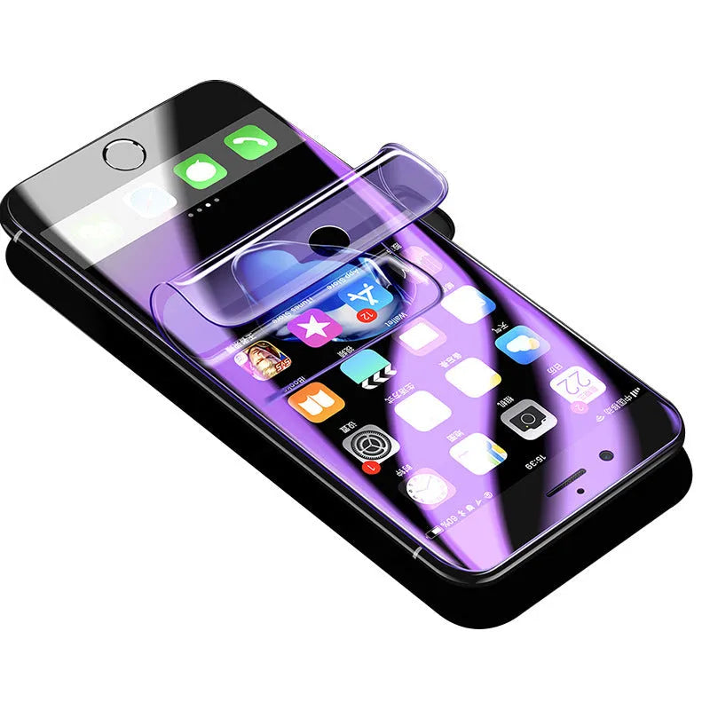 Purple hydrogel screen protector for curved Samsung Galaxy phones on display