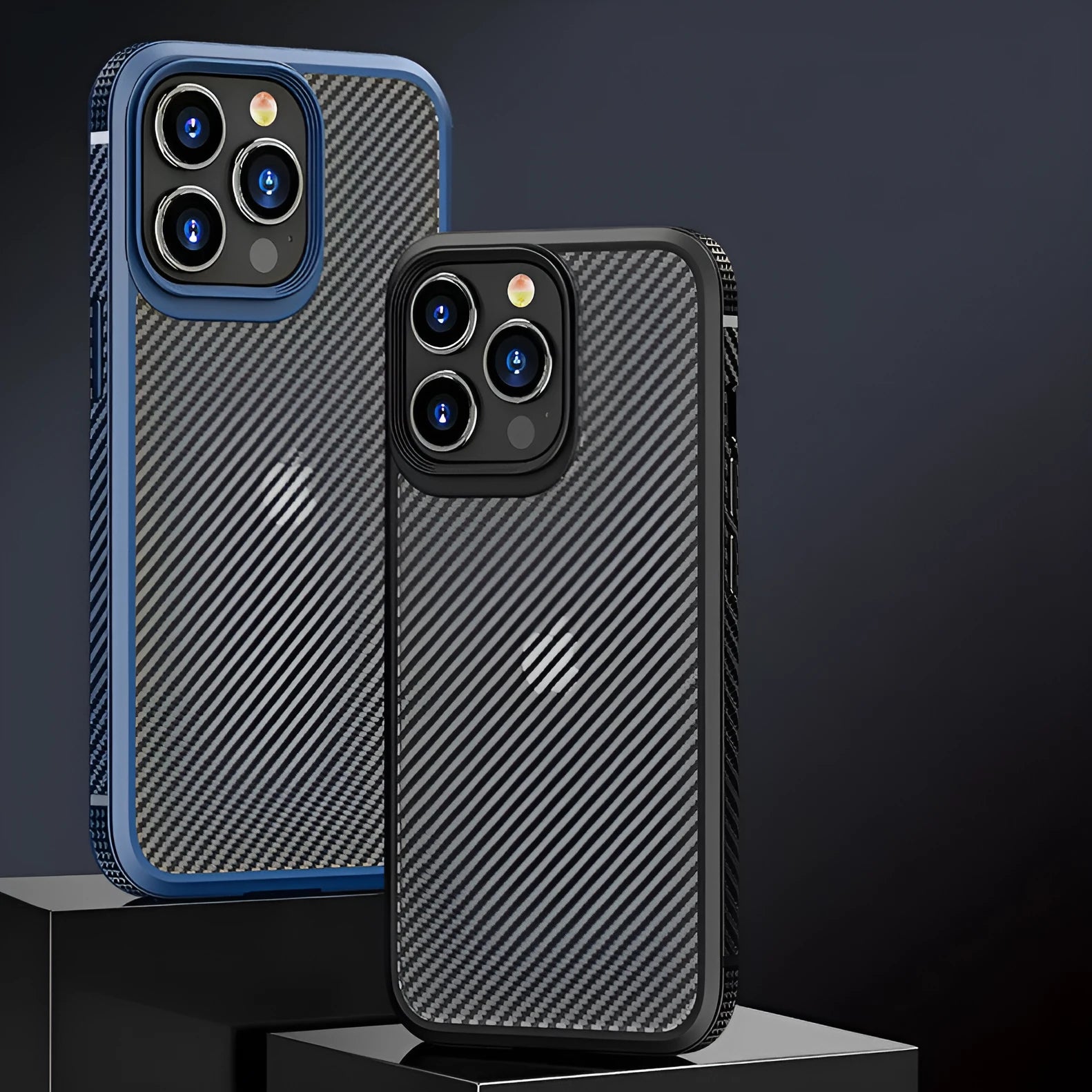 Anti-fall TPU and PC phone case for iPhone 13 series with carbon fibre pattern, black colour option
