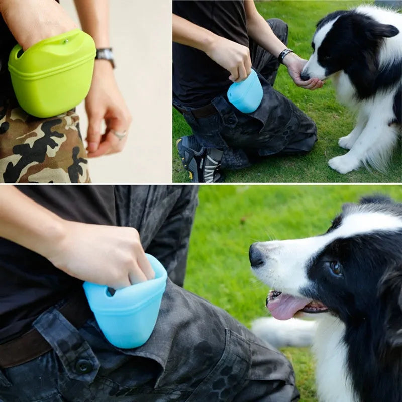 Silicone pet treat bag with clip and magnetic opening for dog training snacks