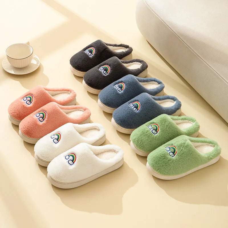 Kawaii rainbow embroidered plush slippers with rubber sole, wrapped toe, round heel, available in multiple colours
