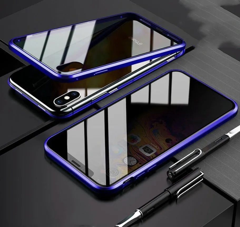 Glass anti-spy mobile phone case for iPhone with clamshell design and geometric pattern in multiple colours.