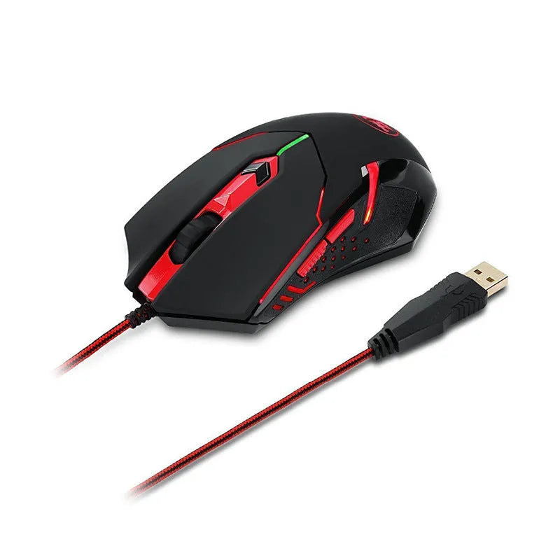 Black and red wired USB gaming mouse with six buttons on an ergonomic shape.